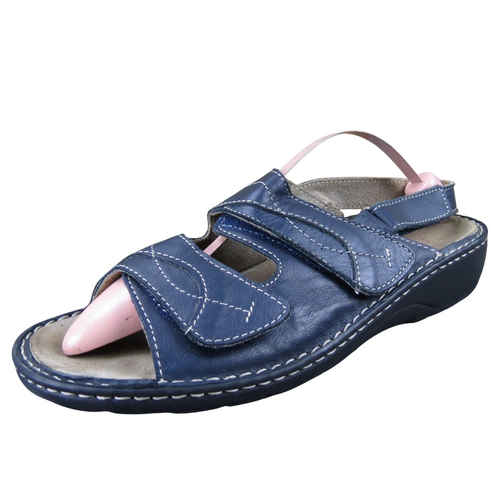 Flexus Anti-Shock Navy Leather Sandals Women's‎ 40 Adjustable Comfort Walking